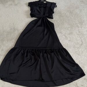 Jason Wu Waist Cutout Cuffed Cap Sleeve V-Neck Satin Dress True Black sz Small